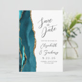 Agate Teal Goud Moderne Trouwscript Save The Date (Staand voorkant)