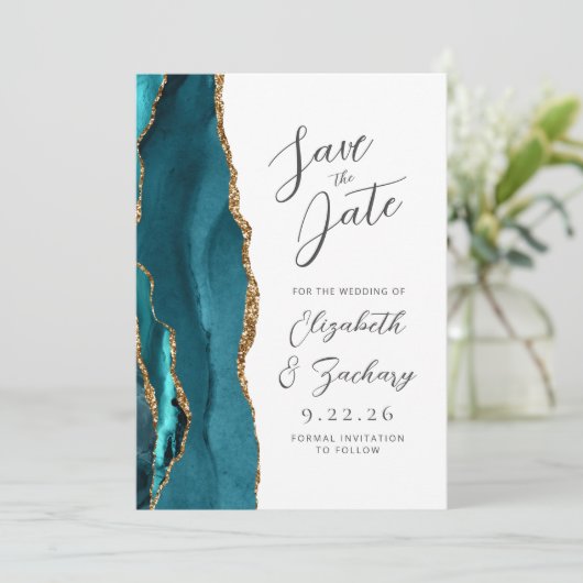 Agate Teal Goud Moderne Trouwscript Save The Date (Staand voorkant)