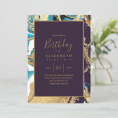 Agate Teal Paars Turquoise Goud Verjaardagsuitnodi (Staand voorkant)