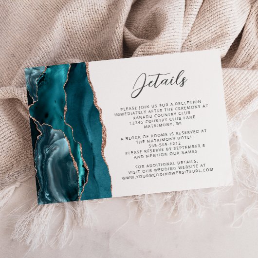 Agate Teal Rose Gold Modern Script Wedding Details Informatiekaartje