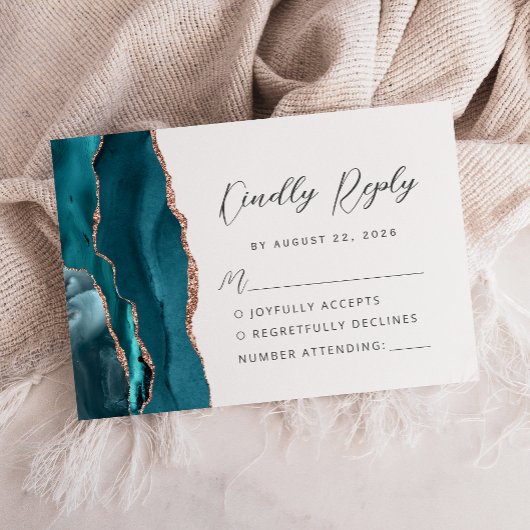 Agate Teal Rose Gold Modern Script Wedding RSVP Kaartje
