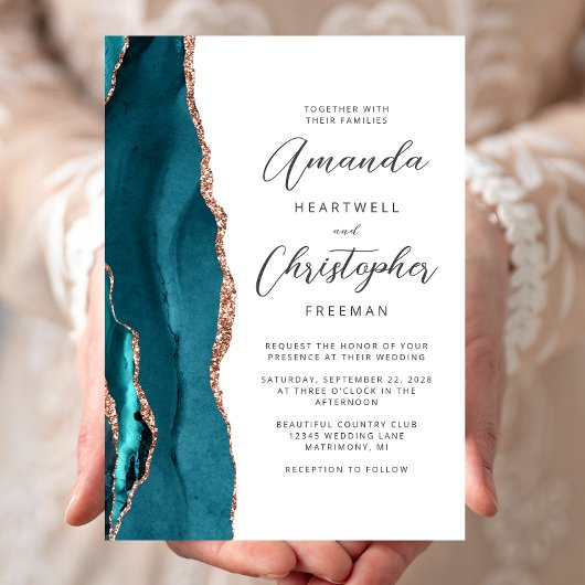 Agate Teal Rose Gold Script Wedding Kaart