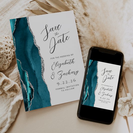 Agate Teal Zilver Modern Schrift Huwelijk Save The Date