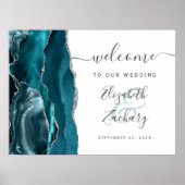 Agate Teal Zilveren Script Huwelijksbegroeting Poster (Voorkant)