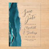 Agate Teal Zilveren Script Trouw Save the Date Acryl Uitnodigingen (Voorkant)