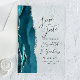 Agate Teal Zilveren Script Trouw Save the Date Acryl Uitnodigingen