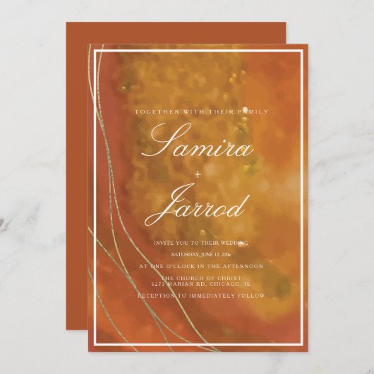 Agate Terracotta Hand Waterverf Faux Gold Wedding Kaart (Voorkant / Achterkant)