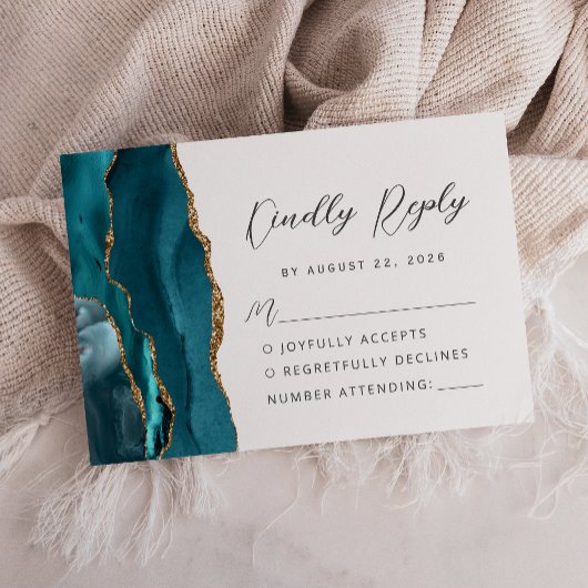 Agate Turkoois Blauw Goud Moderne Script Bruiloft RSVP Kaartje