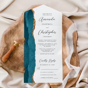 Agate Turkoois Blauw Goud Schrift All In One Uitnodiging