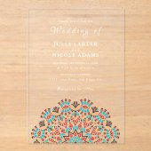 Agate Turquoise Blauwgroen & Wijn Bloemen Mandala  Acryl Uitnodigingen (Voorkant)