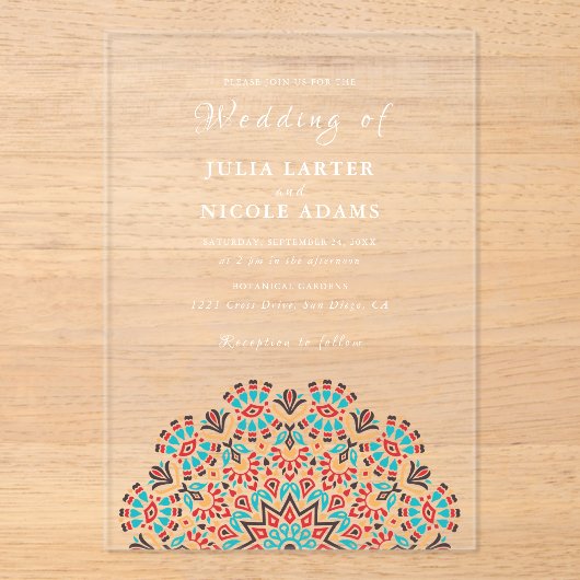 Agate Turquoise Blauwgroen & Wijn Bloemen Mandala  Acryl Uitnodigingen (Voorkant)