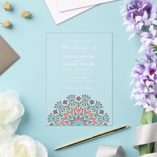 Agate Turquoise Blauwgroen & Wijn Bloemen Mandala  Acryl Uitnodigingen (Insitu (Huwelijk))