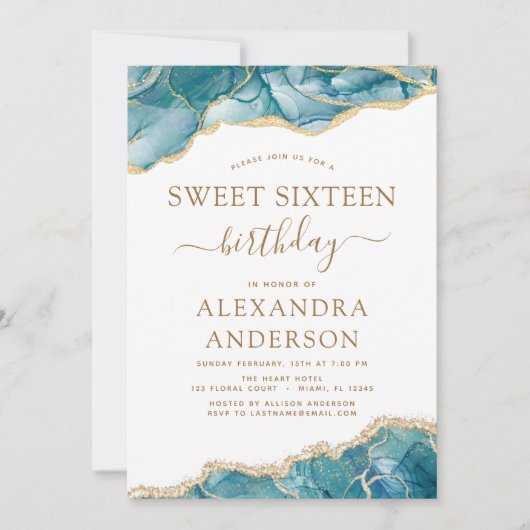 Agate Turquoise Sweet 16 Blauwgroen Gold Invitatio Kaart (Voorkant)