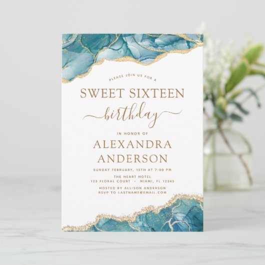 Agate Turquoise Sweet 16 Blauwgroen Gold Invitatio Kaart (Staand voorkant)