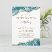 Agate Turquoise Sweet 16 Blauwgroen Gold Invitatio Kaart (Staand voorkant)