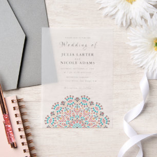 Agate Turquoise Teal & Wine Bloemen Mandala Bruilo Vellum Uitnodigingen