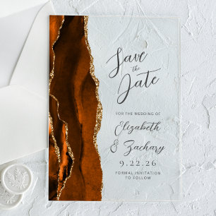 Agate Verbrand Oranje Gouden Trouw Save the Date Acryl Uitnodigingen