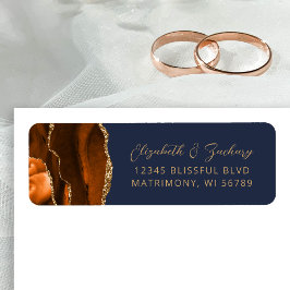 Agate verbrand Oranje Navy bruiloft retour adres Etiket