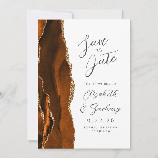 Agate Verbrand Sinaasappel Gold Script Wedding Ops Save The Date (Voorkant)