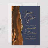 Agate Verbrand Sinaasappel Goud Script Navy Weddin Save The Date (Voorkant)