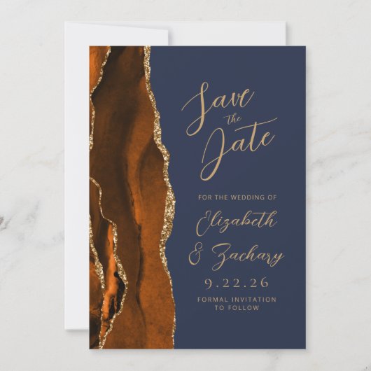 Agate Verbrand Sinaasappel Goud Script Navy Weddin Save The Date (Voorkant)