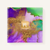 Agate waterverf goud paarse aqua monogram vierkant notitieboek (Voorkant)