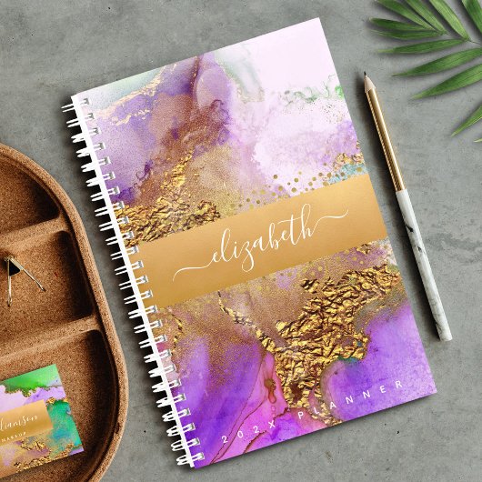 Agate waterverf goudroze paarse groene script planner