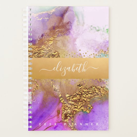 Agate waterverf goudroze paarse groene script planner (Voorkant)