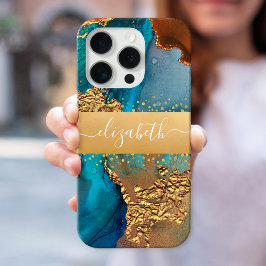 Agate waterverf turquoise oranje goud jouw naam iPhone 16 pro hoesje