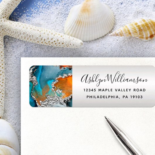 Agate waterverf zilveren turquoise sinaasappel adr etiket