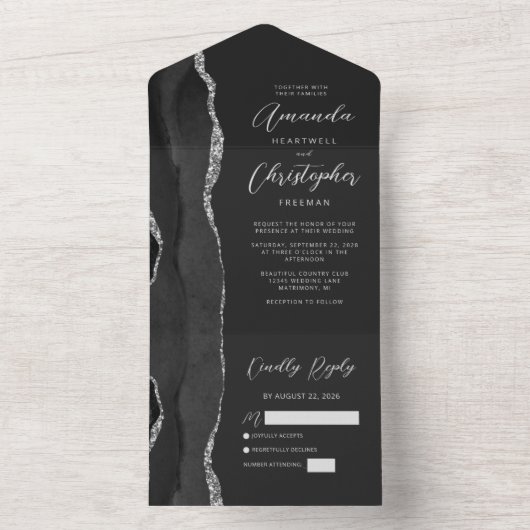 Agate Zwart Zilver Donker Trouwen All In One Uitnodiging (Binnen)