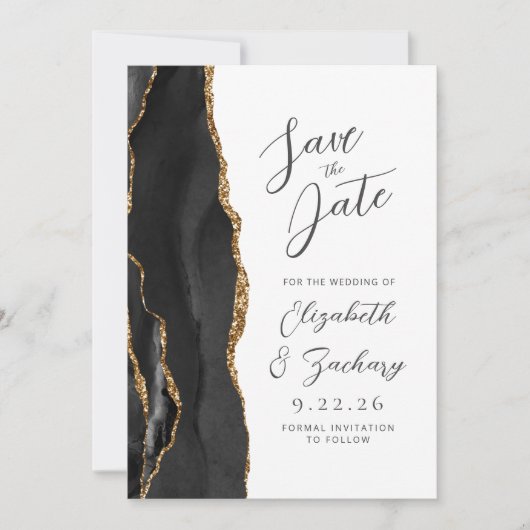 Agate Zwarte Goud Moderne Script Bruiloft Save The Date (Voorkant)