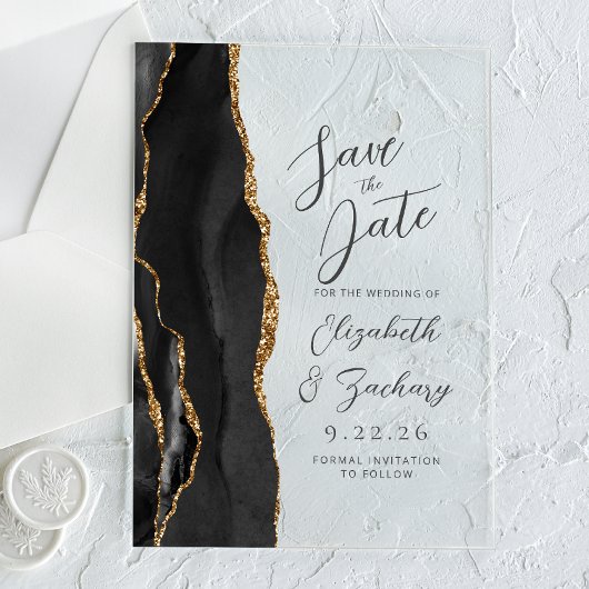 Agate Zwarte Gouden Moderne Script Bruiloft Acryl Uitnodigingen