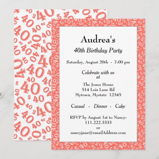 Age 40 Random Number Pattern Coral/White 40th Kaart (Voorkant / Achterkant)