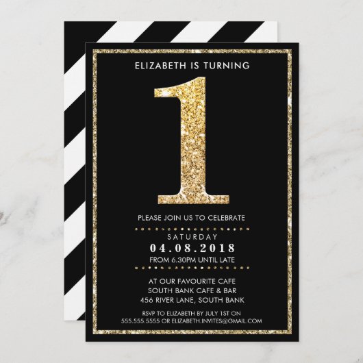 AGE NUMBER INVITE modern 1 gouden glitter zwart Kaart (Voorkant / Achterkant)