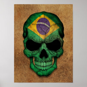 Aged and Worn Brazililian Flag Skull Poster
