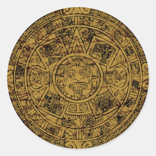 Aged Aztec Sun Stone Calendar Ronde Sticker (Voorkant)