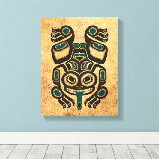 Aged Blauw en Zwart Haida Spirit Tree Kikker Canvas Afdruk (Insitu (Houten vloer))