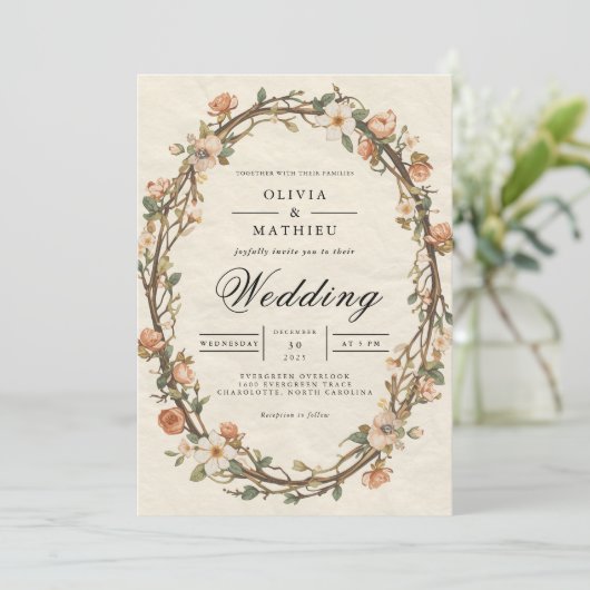Aged Bloom Oval Floral Wedding Kaart (Staand voorkant)