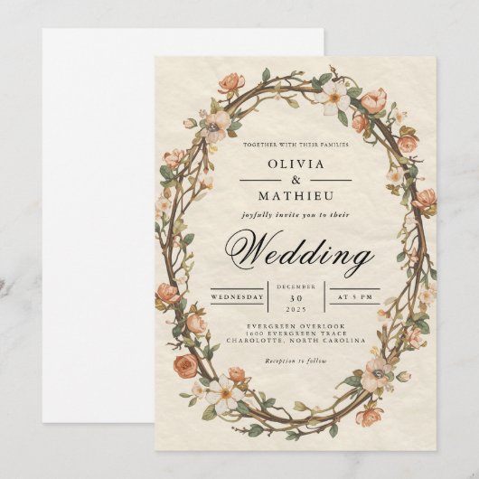 Aged Bloom Oval Floral Wedding Kaart (Voorkant / Achterkant)