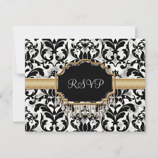 Aged Distress Damask Golden Bling Kijk Weddenschap RSVP Kaartje (Voorkant)