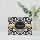 Aged Distress Damask Golden Bling Kijk Weddenschap RSVP Kaartje (Staand voorkant)