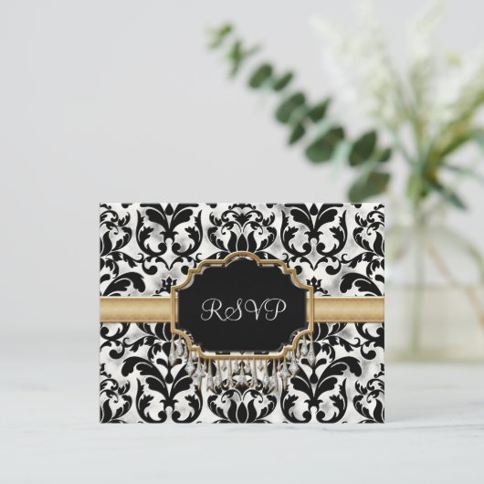 Aged Distress Damask Golden Bling Kijk Weddenschap RSVP Kaartje (Staand voorkant)