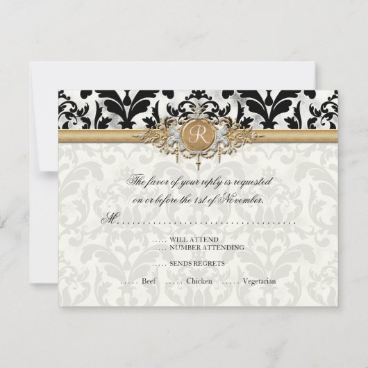 Aged Distress Damask Golden Bling Kijk Weddenschap RSVP Kaartje (Achterkant)
