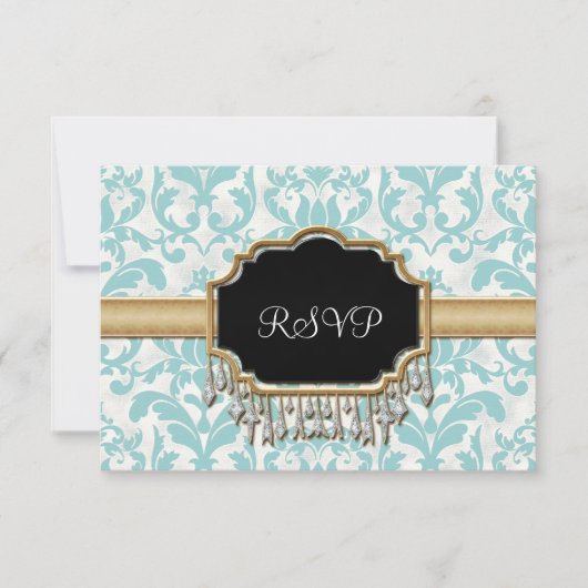 Aged Distress Damask Golden Bling Kijk Weddenschap RSVP Kaartje (Voorkant)