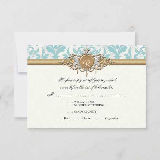 Aged Distress Damask Golden Bling Kijk Weddenschap RSVP Kaartje (Achterkant)