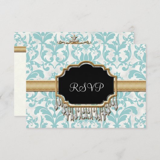 Aged Distress Damask Golden Bling Kijk Weddenschap RSVP Kaartje (Voorkant / Achterkant)