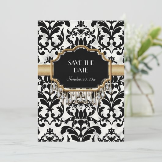 Aged Distress Damask Golden Bling Kijk Weddenschap Save The Date (Staand voorkant)