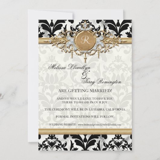 Aged Distress Damask Golden Bling Kijk Weddenschap Save The Date (Achterkant)