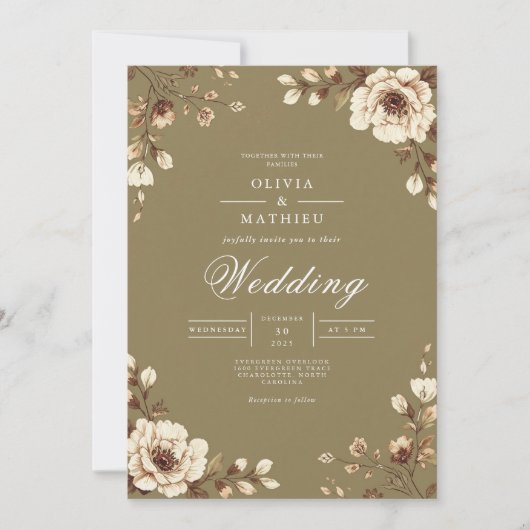 Aged Floral Frame Rustic Wedding Kaart (Voorkant)